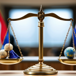 **A symbolic representation of the ICC balancing the scales of justice, with the flags of various nations blurred in the background. Focus on the scales and the ICC logo, conveying the court's role in international law.**