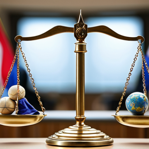 Home 4 **A symbolic representation of the ICC balancing the scales of justice, with the flags of various nations blurred in the background. Focus on the scales and the ICC logo, conveying the court's role in international law.**