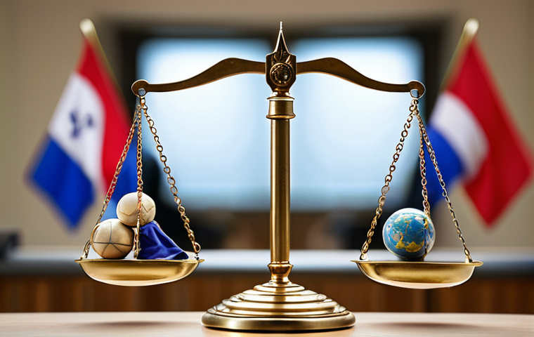 **A symbolic representation of the ICC balancing the scales of justice, with the flags of various nations blurred in the background. Focus on the scales and the ICC logo, conveying the court's role in international law.**