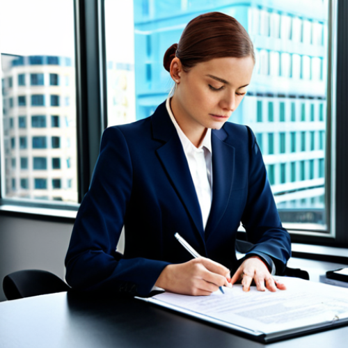 Home 3 민사소송법상 강제집행 절차 - **Prompt:** A businesswoman in a tailored, fully clothed business suit, reviewing documents at a mod...