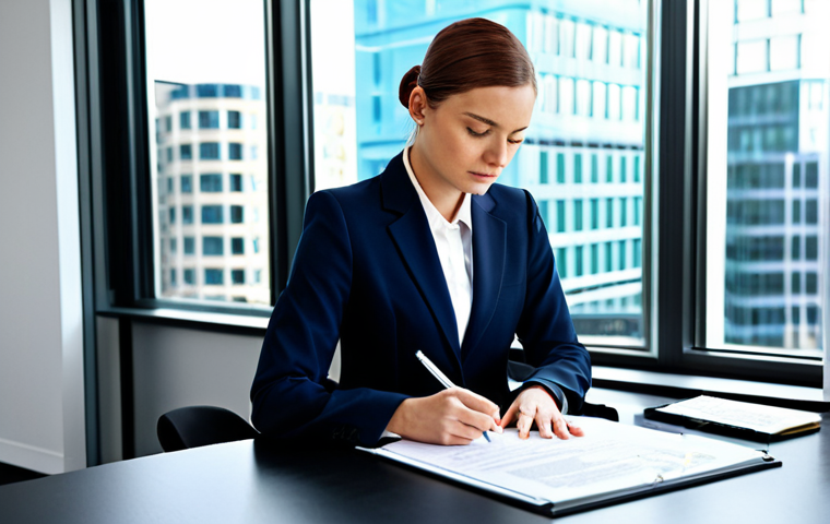 민사소송법상 강제집행 절차 - **Prompt:** A businesswoman in a tailored, fully clothed business suit, reviewing documents at a mod...
