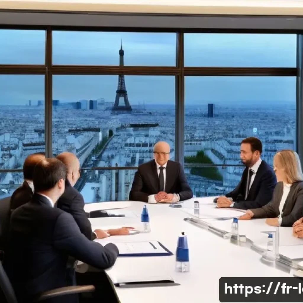 상법상 주식회사 정관 - A professional corporate boardroom setting in Paris, featuring a diverse group of business executive...