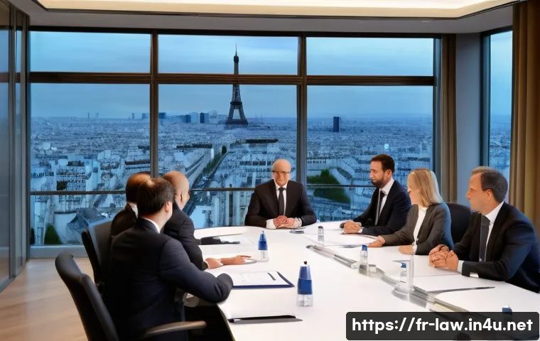 상법상 주식회사 정관 - A professional corporate boardroom setting in Paris, featuring a diverse group of business executive...