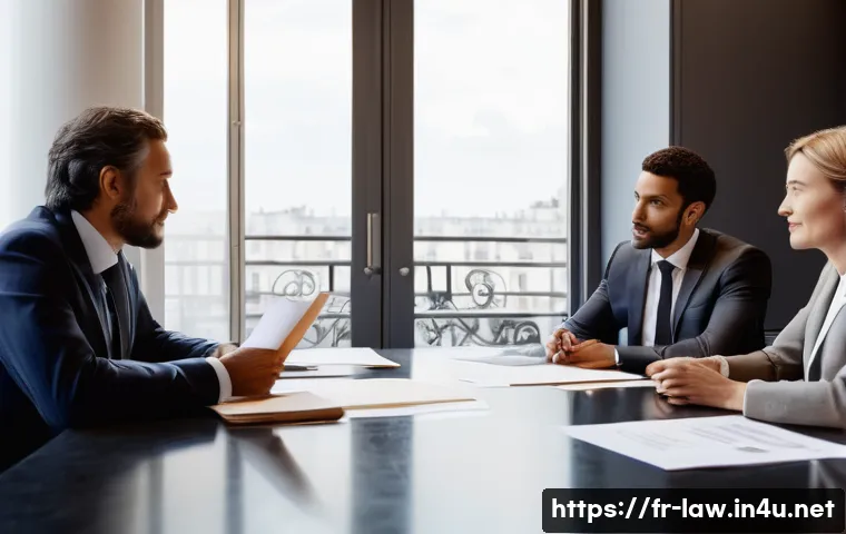지적재산권법상 부정경쟁방지법 - A professional French business meeting scene in a modern office setting, featuring diverse executive...