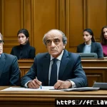 Home 21 형법상 공범과 신분 - A detailed courtroom scene in modern Paris, featuring a diverse group of people including a distingu...