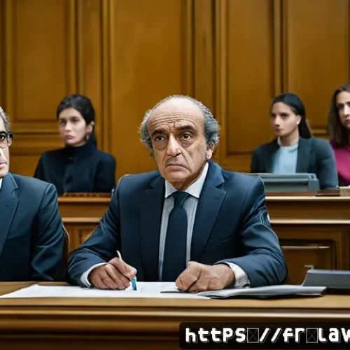 Home 33 형법상 공범과 신분 - A detailed courtroom scene in modern Paris, featuring a diverse group of people including a distingu...