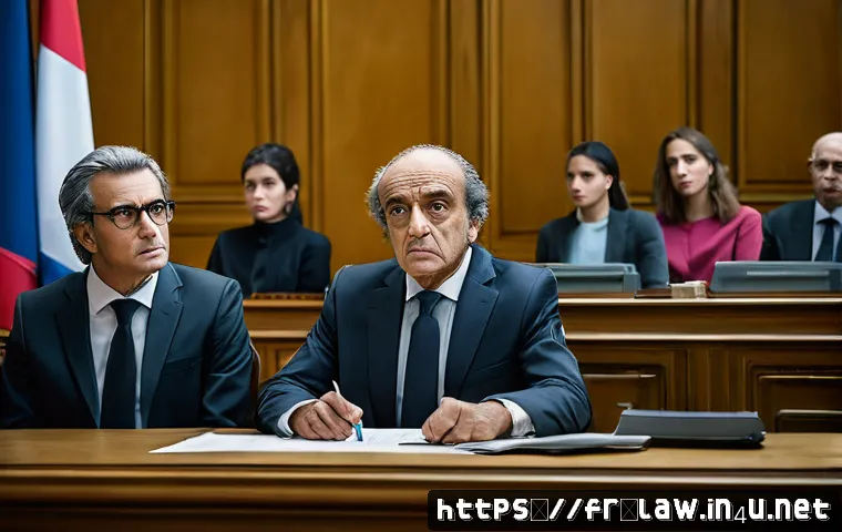 형법상 공범과 신분 - A detailed courtroom scene in modern Paris, featuring a diverse group of people including a distingu...