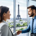 Home 19 지적재산권법상 특허권 보호 - A modern European office setting with diverse professionals collaborating around a large digital tou...