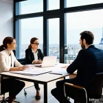 Home 18 민법상 채권자대위권 - A modern French small business office scene showing a diverse team of professionals—two men and two ...