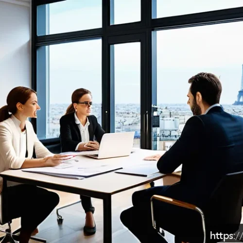 Home 30 민법상 채권자대위권 - A modern French small business office scene showing a diverse team of professionals—two men and two ...