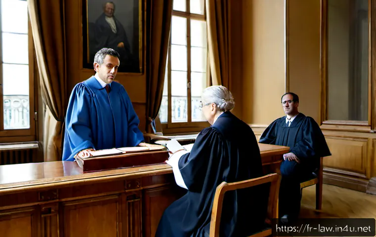 행정법상 행정소송 유형 - Photorealistic French administrative court hearing, a dignified judge in formal robes seated at a hi...
