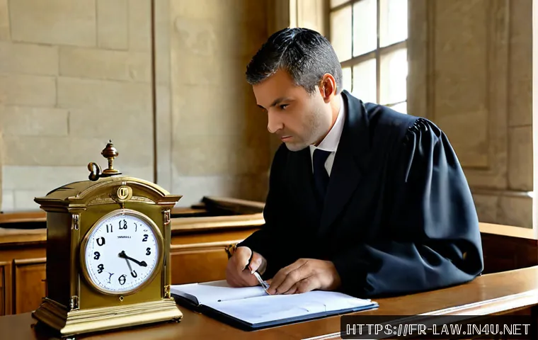 형사소송법상 공소제기와 공소시효 - Photorealistic French criminal justice scene, a thoughtful prosecutor in formal courtroom attire rev...